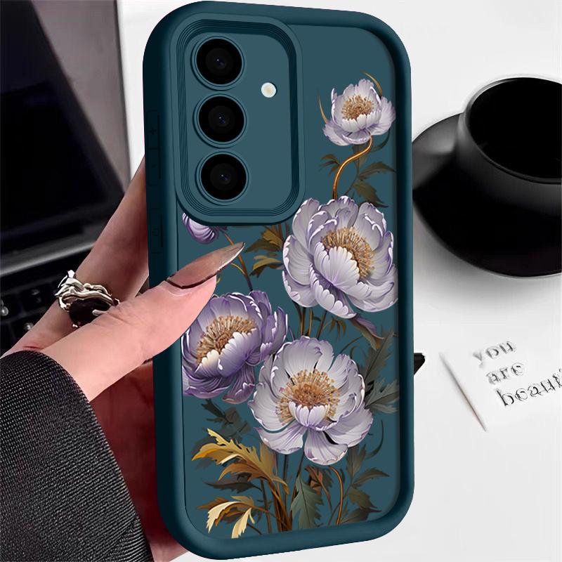 Purple Flower Pattern Shockproof Back Cover for Samsung S25 S24 S23 S22 Ultra A15 A55 A35 A34 A06 A05 A53 A54 Silicone Soft Lens Protection Matte Case