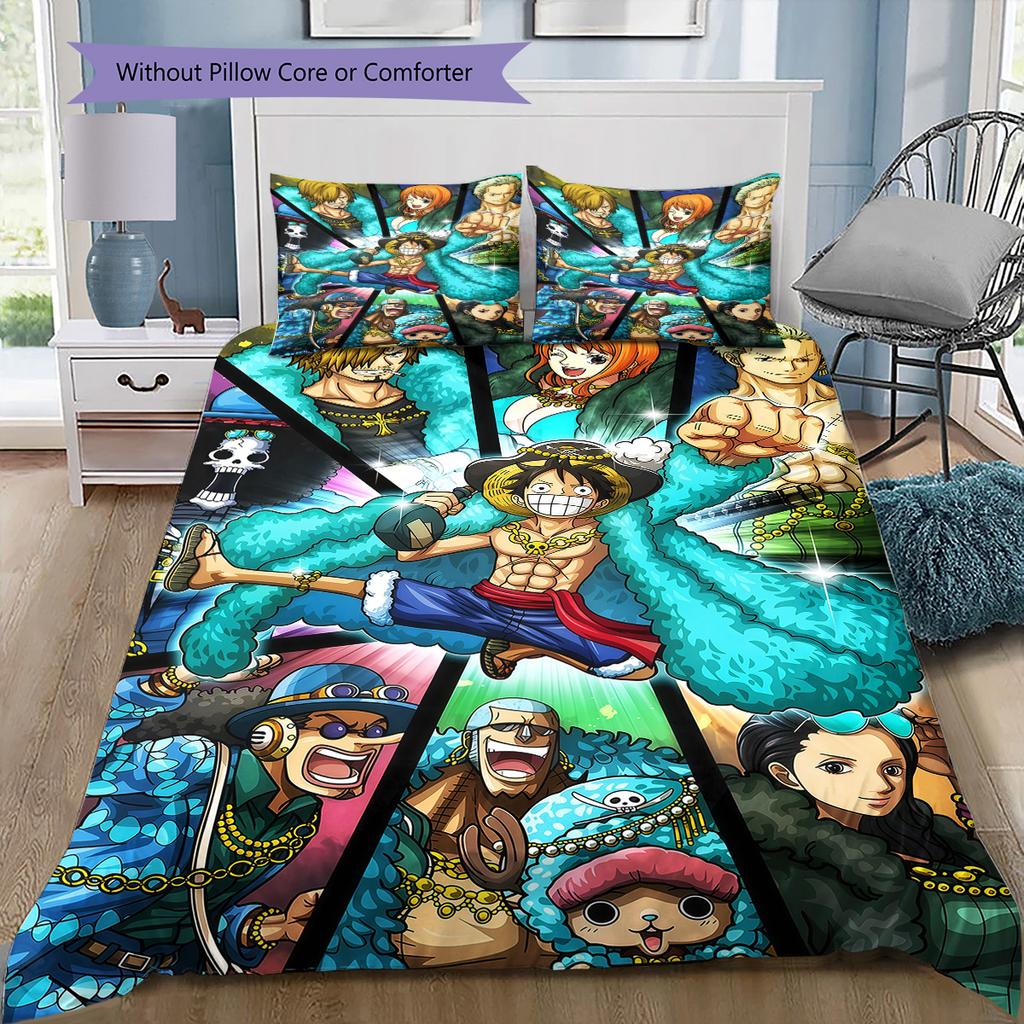 Anime One Piece Pattern Bedding Quilt Set Quilt Cover Pillowcase Home Birthday Gift(1 * Duvet Cover + 2 * Pillowcase, Without Core)