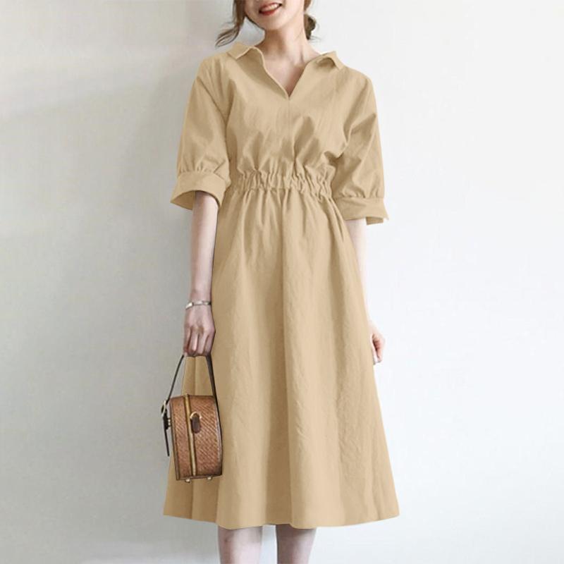 ZANZEA Women Casual Turn Down Collar Solid Color Loose Half Sleeve Dress