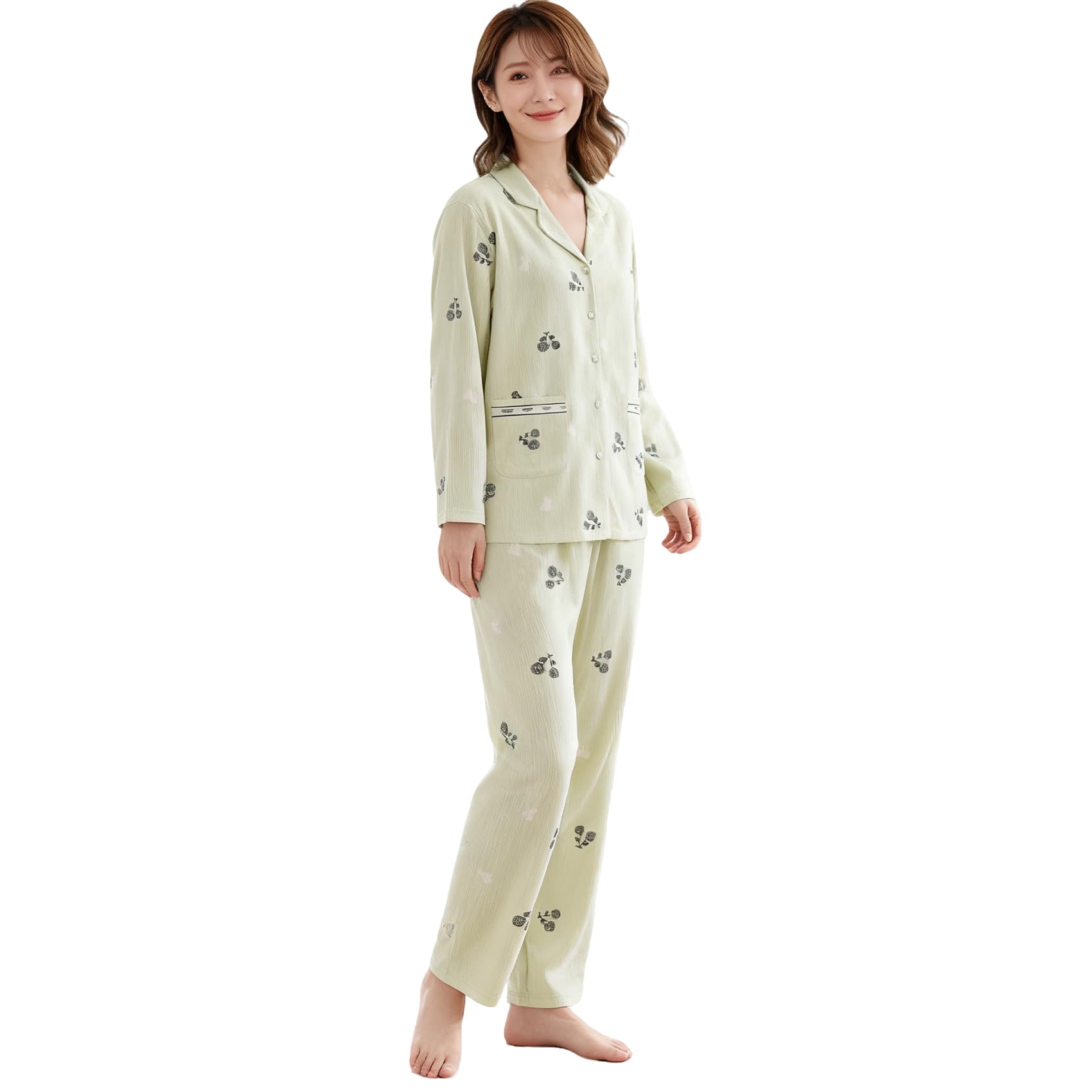 

HEWEAYTA Long Sleeve Floral Lightweight Loungewear Set with and Loose Fit Size Women s Open-Front Pajamas, Buttons, Breathable, Comfortable, (Green, зелёный