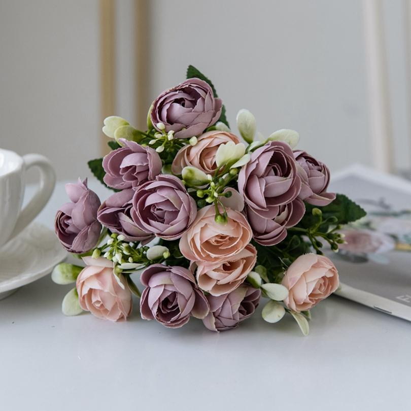 15Heads Silk Rose Small Tea Bud Festival Decor Home windowsill bonsai accessories Wedding Background Wall Artificial Flowers Diy