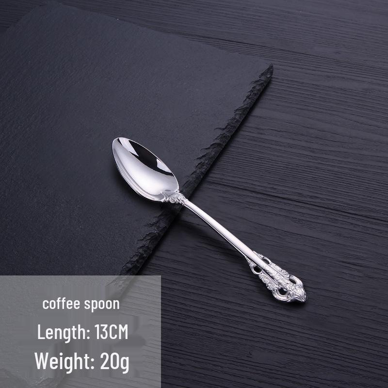 European Retro Stainless Steel Embossed Cutlery Set: Steak Knife, Fork, Spoon, Cake Fork, Dessert Fork, Soup Ladle