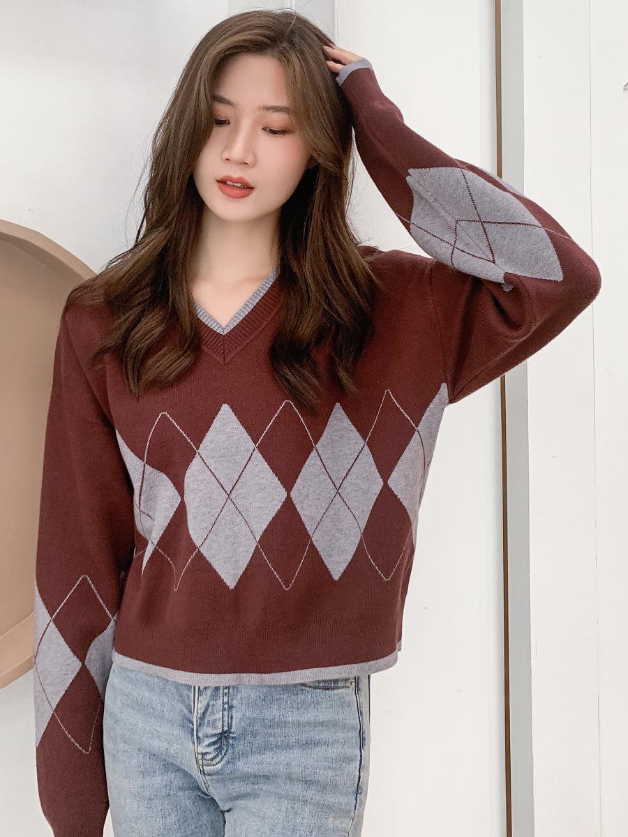 

Autumn Diamond Knit Long-Sleeve Loose Sweater for Women S кофейный