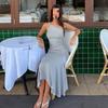 European and American women's solid color slanted shoulder sleeveless crop top, high waist pleated skirt two-piece set