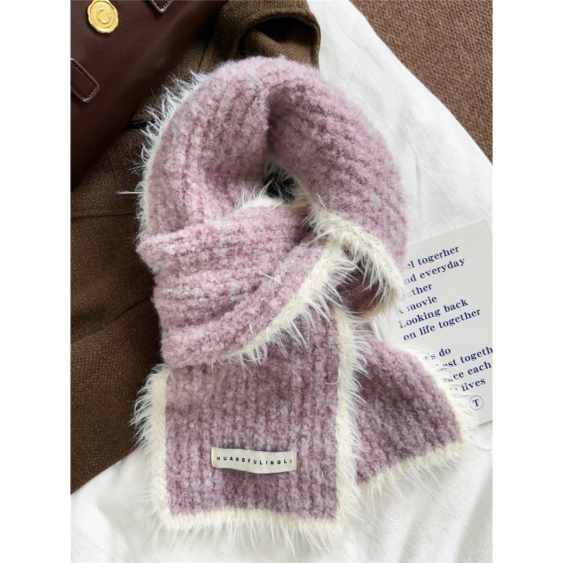 Autumn and Winter New Contrast Color Raw Edge Knitted Scarf for Women Korean Version Ins Fashion Warm Woolen Scarf Student Trend