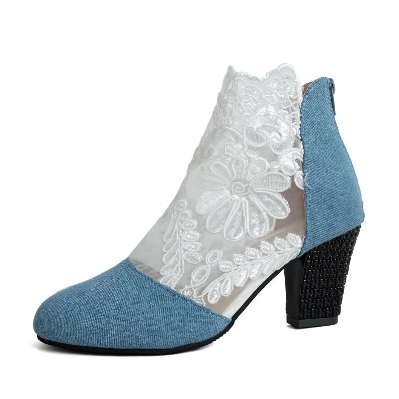Fashion Women Boots 2024 Dressy Summer Thick High Heeled Shoes Lace Flower Decoration Breathable Sandals Female Women's sandals