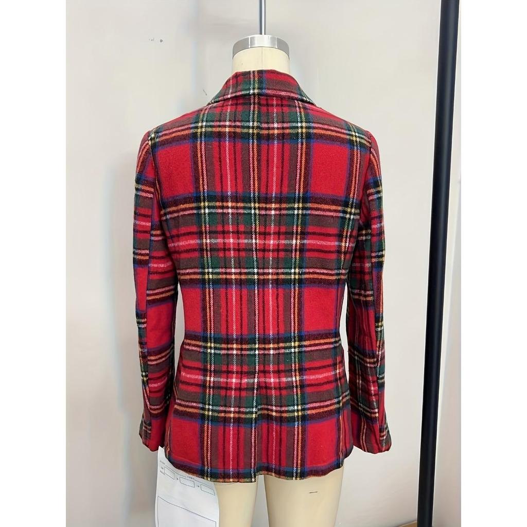 Winter Fall Christmas Red Plaid Long Sleeve Blazer Jacket Women's Fashion Outerwear
