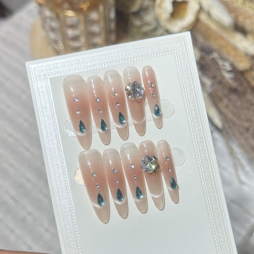 Handmade Press On Nail French Gentle Sparkling Cat Eye Blue Diamond Light Luxury Long Stiletto Fake Nail Patch Artificial Nail Reusable