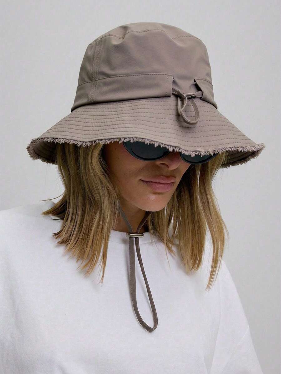Zealous Sole Women's Khaki Frayed Edge Tie String Bucket Hat For Festival Outdoor Sun Protection Cm