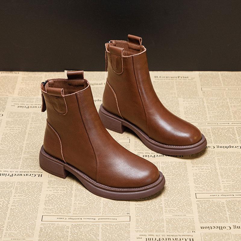 Women's Boots Vintage Shoes Women's  Thickened Genuine Leather Short Boots Spring/Autumn Ankle Boots for Women Botas De Mujer