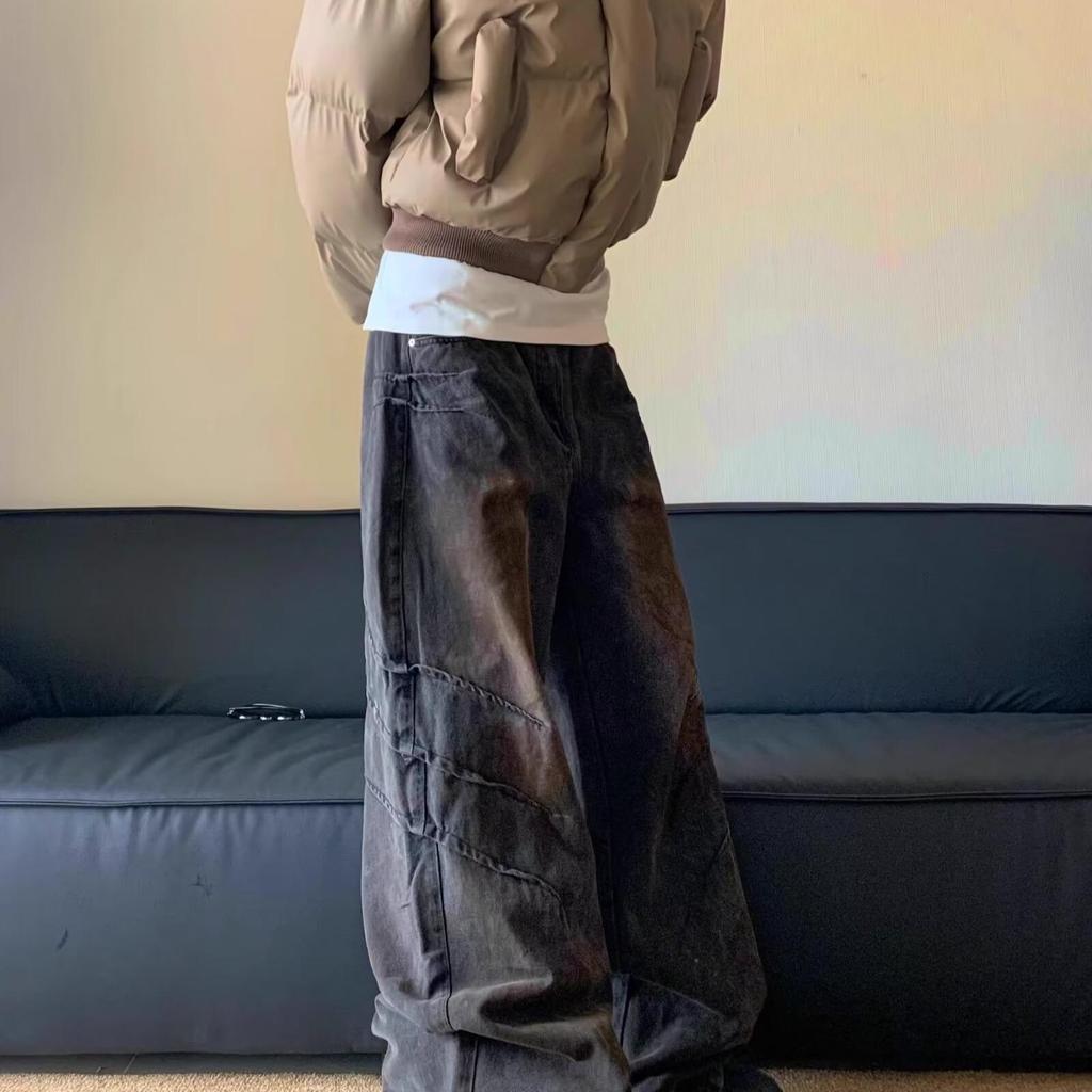 Unisex American Retro Distressed Heavyweight Pleated Wide-Leg Wasteland Jeans