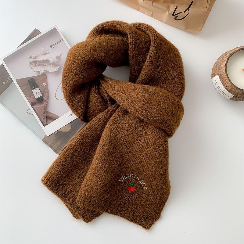 New Korean Style All-match Cute Cherry Scarf for Women In Autumn and Winter Student Couple Warm Embroidered Word Scarf All Match