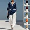 Women Lapel Collar Striped Trim Long Sleeve Blouse And Wide Leg Pants Set Casual Loose Loungewear Two Piece Outfit