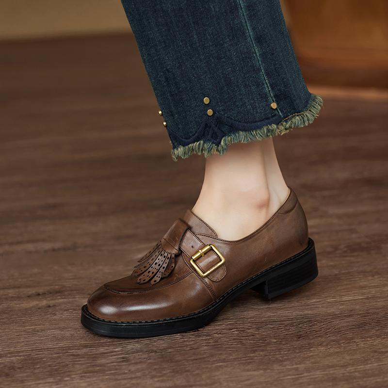 Fashion 2025 New Vintage Women Pumps Genuine Leather Round Toe Retro Style Belt Buckle Shoes Woman Spring Summer Basic Office Lady Pumps