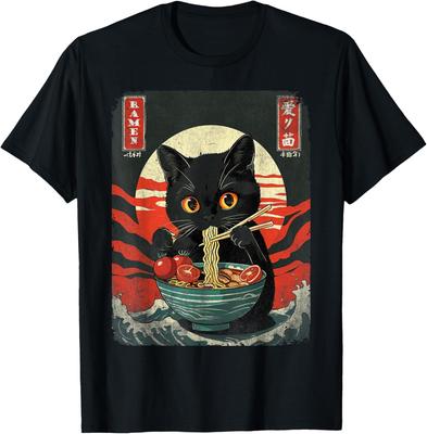Black Cat Eating Ramen Japanese Style Graphic Tee Men Casual Short Sleeve T-Shirt