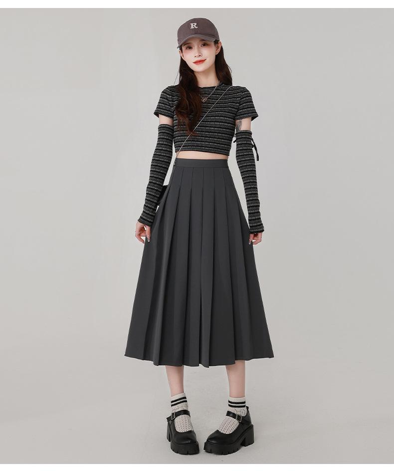 Gray Korean-Style High-Waisted Pleated Midi Skirt for Petite Women: Spring/Autumn A-Line Umbrella Design