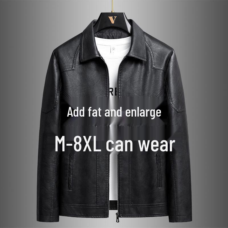 Men's Thickened Fleece-Lined Motorcycle Leather Jacket – Plus Size Lapel Design for Spring & Autumn