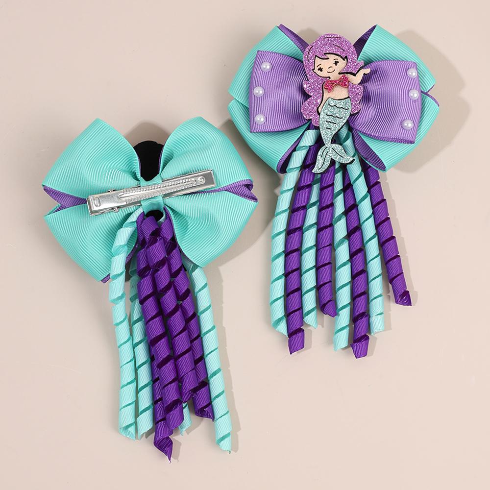 2Pcs Girls Mermaid Bow Hair Clips Cute Cartoon Mermaid Pearls Hairpins Octopus Curled Grosgrain Ribbon Barrette Hair Accessories
