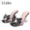 Fashion Liyke Fashion Crystal Sequined Bowknot Women Slippers Sandals Strange Style Clear Heels Open Toe PVC Transparent Shoes Size 46