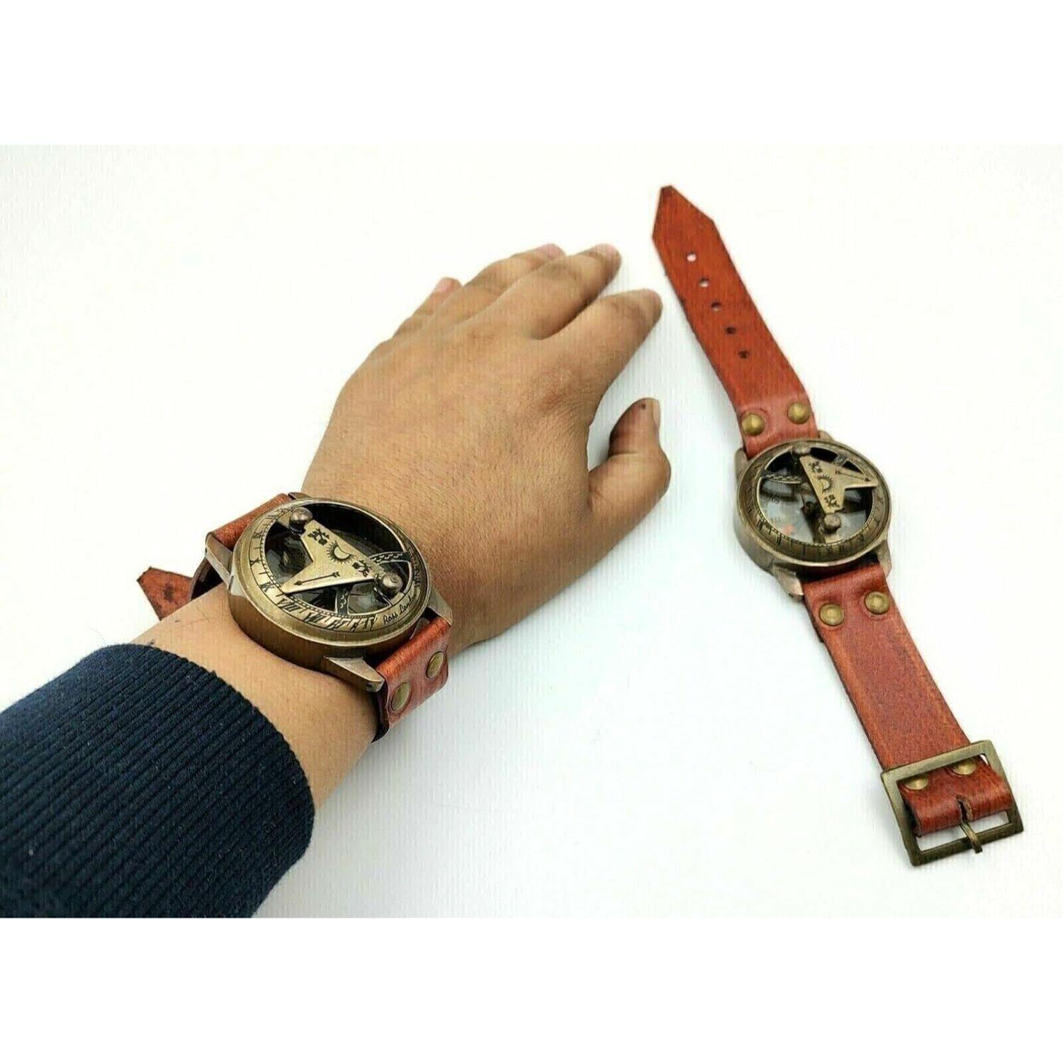 

Солнечные часы Компас Наручный браслет для навигационного инструмента - Ремешок из натуральной кожи - Инструмент для походов и выживания - Антикварный компас