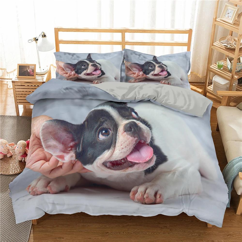 Bulldog Bettwäsche-Set Haustier Welpe Hund Bettbezug Cartoon Tierdruck Bettdeckenbezug King Queen 2/3-teilig Polyester Steppdeckenbezug