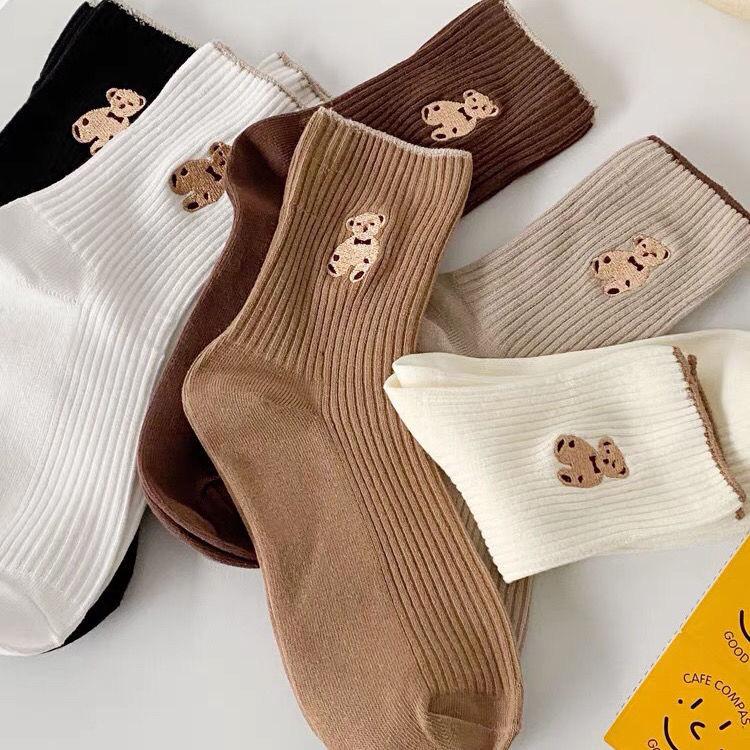 Women’s Mid-Calf Bear Socks - Japanese & Korean Style, Versatile for Spring, Autumn, Winter.