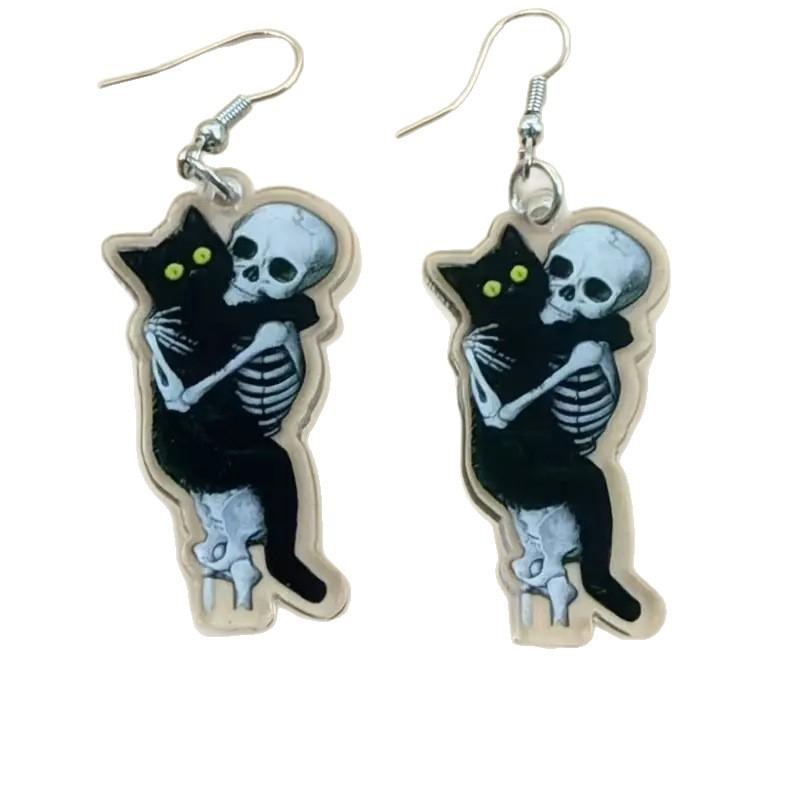 1 Pair of Skeleton Cat Earrings Halloween Ornaments Flat Acrylic Horror Personality Exaggerated Skeleton Earrings