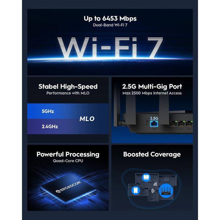 CUDY BE6500 Router WiFi 7 Da Gioco Dual Band 6,5 Gbps 2.5G WAN Porte LAN Ethernet