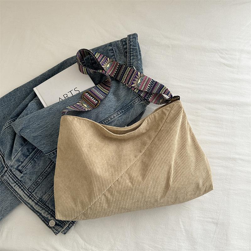 Corduroy Bag Female Student Commuter Bag Wide Shoulder Strap Stylish Large Capacity One Shoulder Messenger Tote Bag