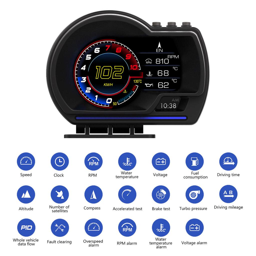 OBD2 Car Head Up Display HUD Smart Car Water & Oil Temp Turbo RPM Gauge Digital Odometer Security Alarm Auto Meter