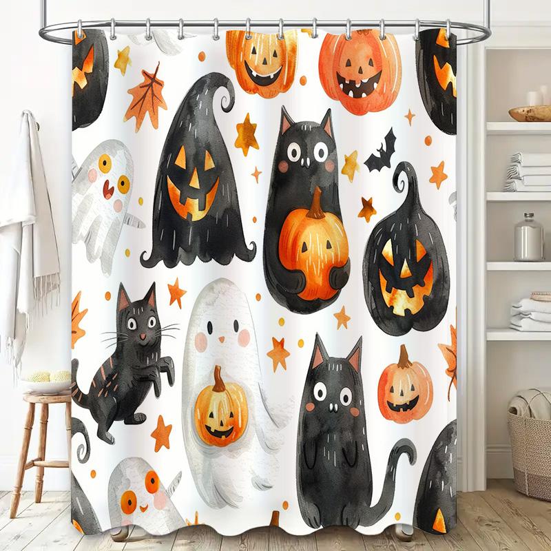 Halloween-Themed Shower Curtain Featuring Black Cats, Pumpkins, Ghosts, And Bats Perfect For A Spooky Bathroom Decor!