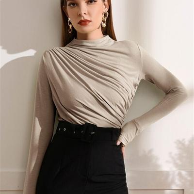 Ladies Spring Autumn Long Sleeve Stand Collar Solid Color Pleated Bodycon Pullover Casual T Shirt Top