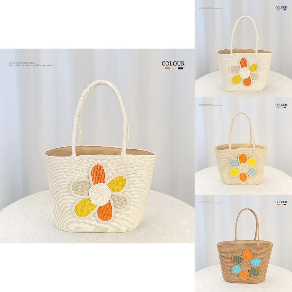 Simple Flower Color Blocked Pattern Women Large Capacity Woven Tote Bag For Summer Casual Use