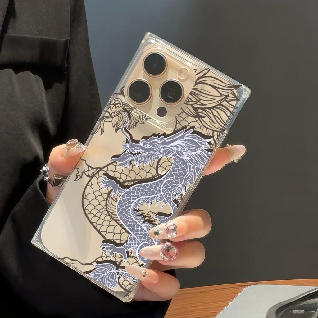 Transparent Square Back Tube Case Casing Protection For iPhone 15 Plus 12 11 14 Pro Max 16 ProMax 13 Anti-Oxygen,Line Dragon Pattern