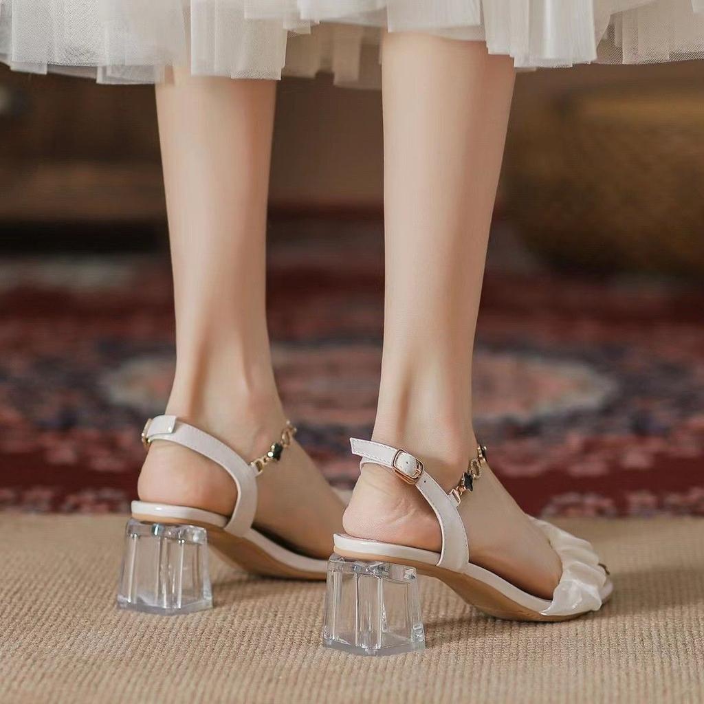 Women's Korean Style Crystal Heel Slingback Sandals - Lucky Clover Buckle Slides with Chunky Platform, Versatile Dress Shoes for Skirt Outfits