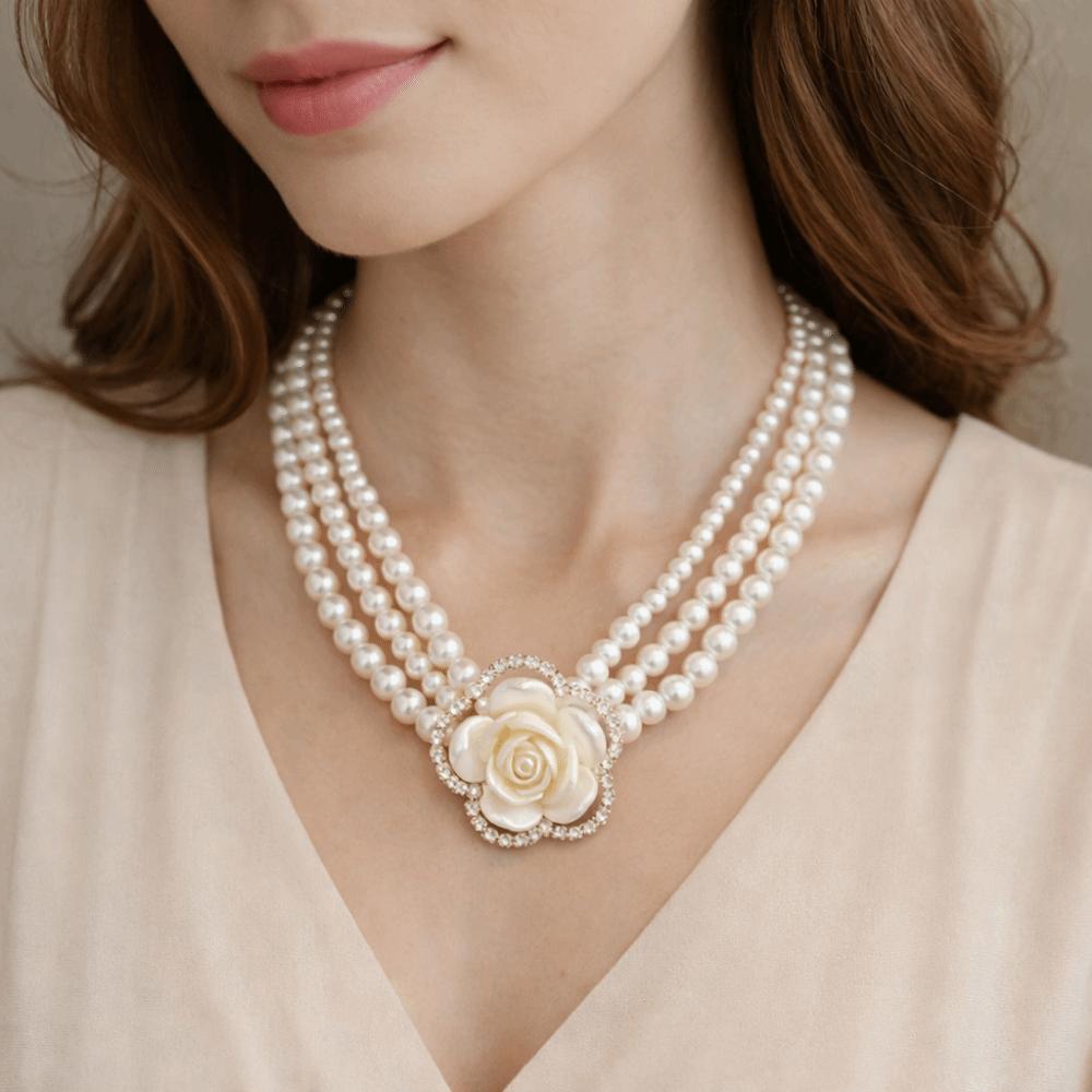 Rhinestone Multi-layer Necklace Baroque Style Camellia Clavicle Chain Pearl Flower Necklace Girls