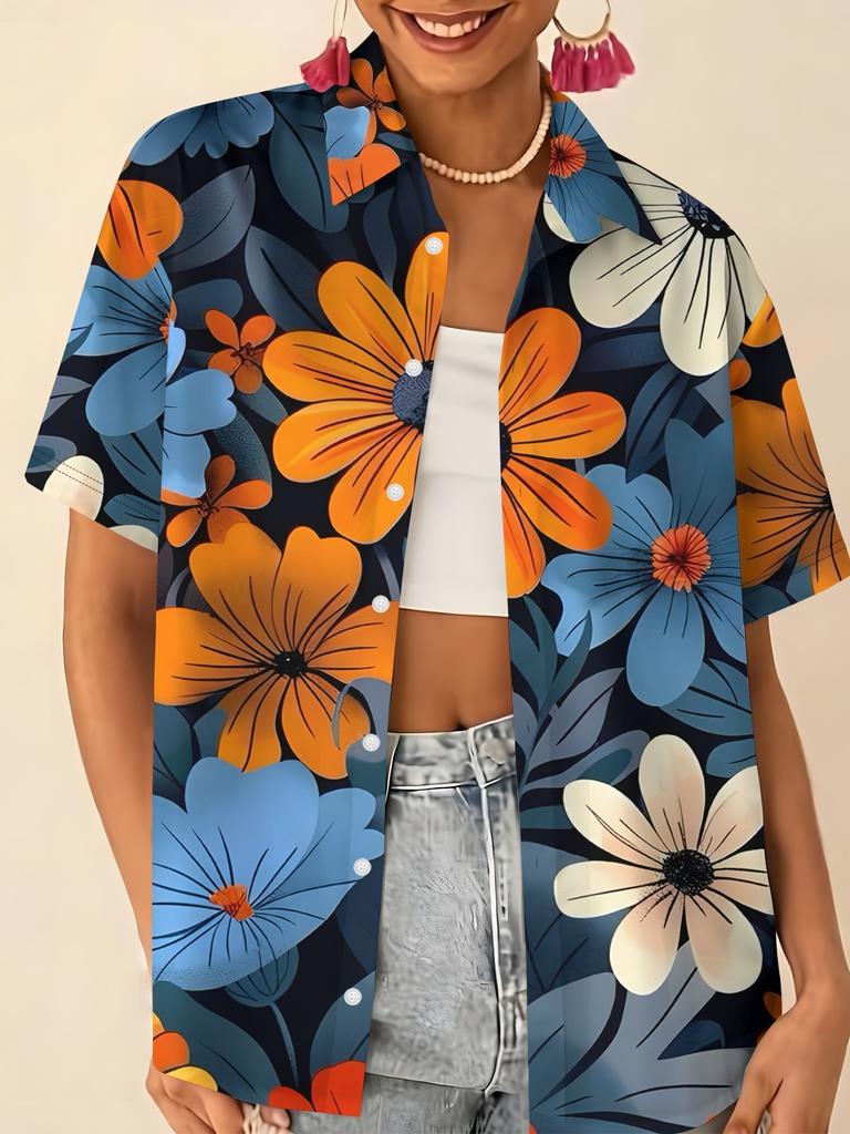 Love printed short-sleeved shirt women's summer loose casual lapel shirt retro niche top
