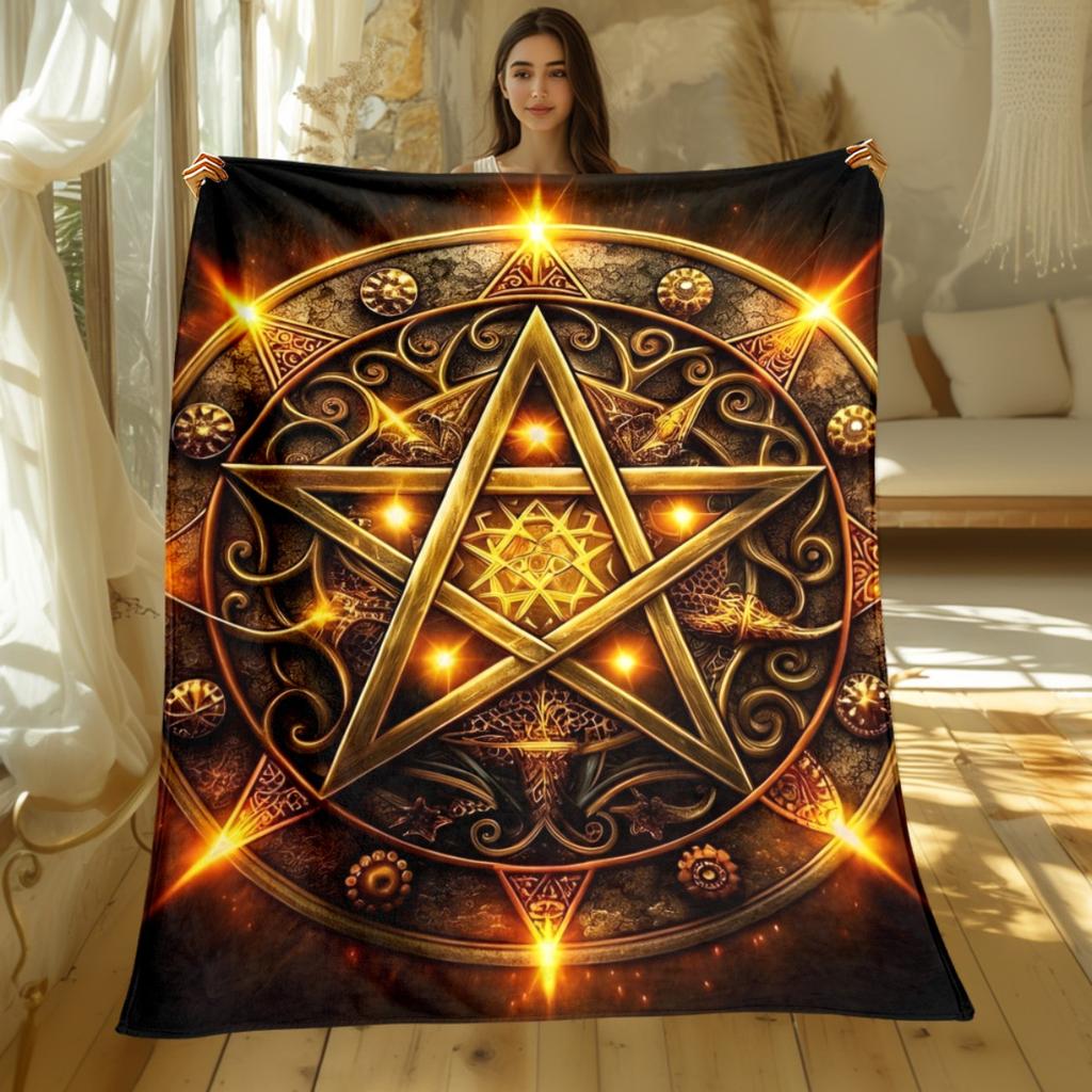 Golden pentagram mystic symbol magic ritual flannel blanket occult art blanket spiritual decor esoteric design throw blanket for