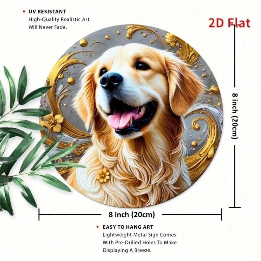 Golden Retriever Floral Metal Wall Art Decor, 2D Flat Iron Dog Sign, Waterproof Durable