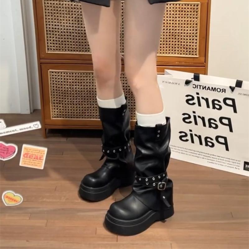 Hottie Platform Thick Heel Women Pipe Knight Boots Fashion Belt Buckle Shoes Female Punk Mid Calf Booties  De Muje
