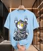 2026 New Arrival Pure Cotton Tshirt Cartoon Scared Tabby Cat Scratching Cloth Print Crew Neck Unisex Casual Short Sleeve