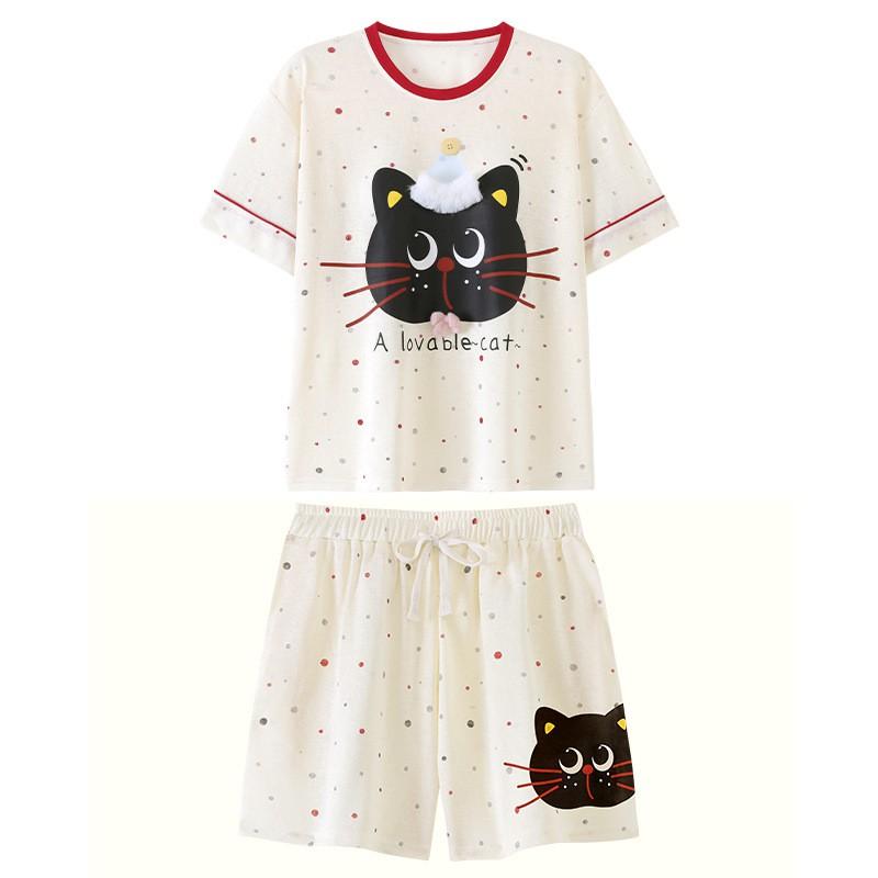 Girls Short Sleeve Pajama Set Cartoon Print Cotton Lyocell Sleepwear Ages 8 Lightweight Home Outfit