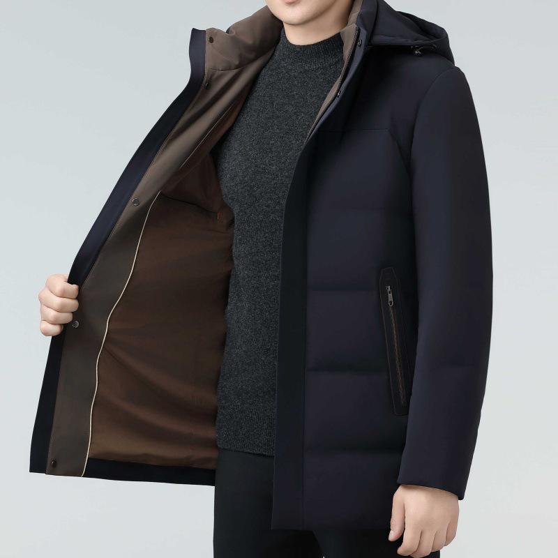 Men's Mid-Length Hooded Down Jacket - Winter Business Casual, Warm, Thick, for Middle-Aged Dads