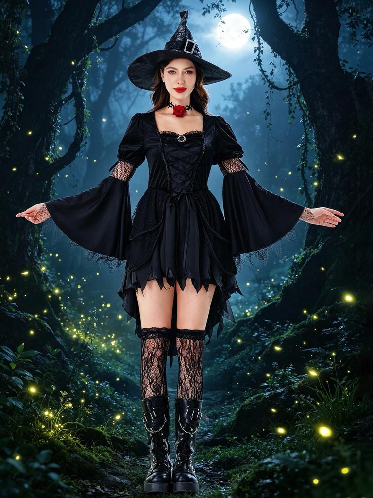 Women's Gothic Witch Halloween Costume Dress Black Adult Size for Party Cosplay