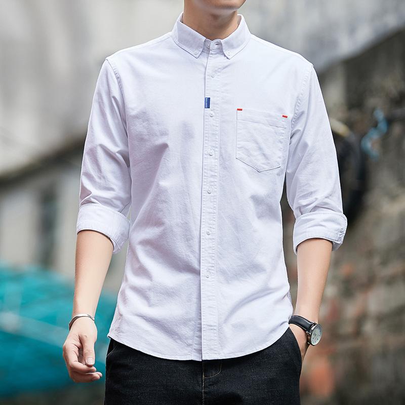 

Men s Oxford Roll-Up Sleeve Shirt - Casual Button Down Collar Top with Chest Pocket & Contrast Stitch Detail M белый