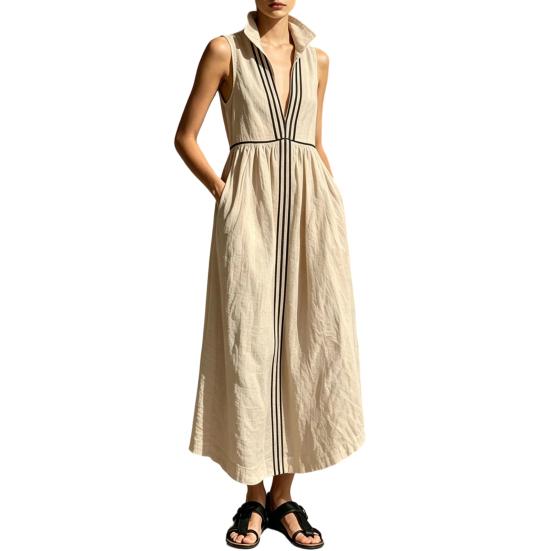 Women s Summer Sleeveless Maxi Up Stand Dress Zip Collar M абрикосовый