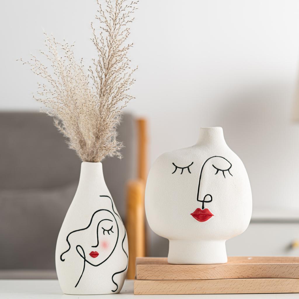 Nordic Hand-Painted Face Creative Plain-Fired Ceramic Vase Home Living Room Soft Decoration Flower Arrangement Ornament Gift