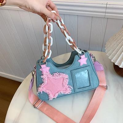 Denim Kette Umhängetaschen Spleißmuster Vielseitige Damentaschen Schultertaschen Neue Mode