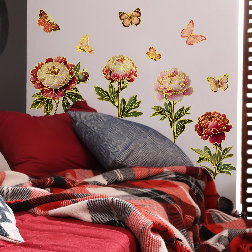 Tj9003 Hand-Painted Multi-Bouquet Flower Butterfly Bronzing Wall Sticker Decoration Living Room Bedroom Background Self-Adhesive Wall Sticker