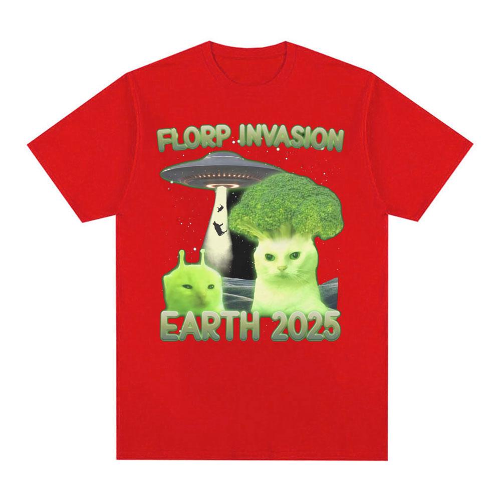 2025 Florp Invasion Earth Funny Alien Brainrot Funny Cat Printed Women Clothing Vintage 100% pure cotton printed T-shirt y2k S